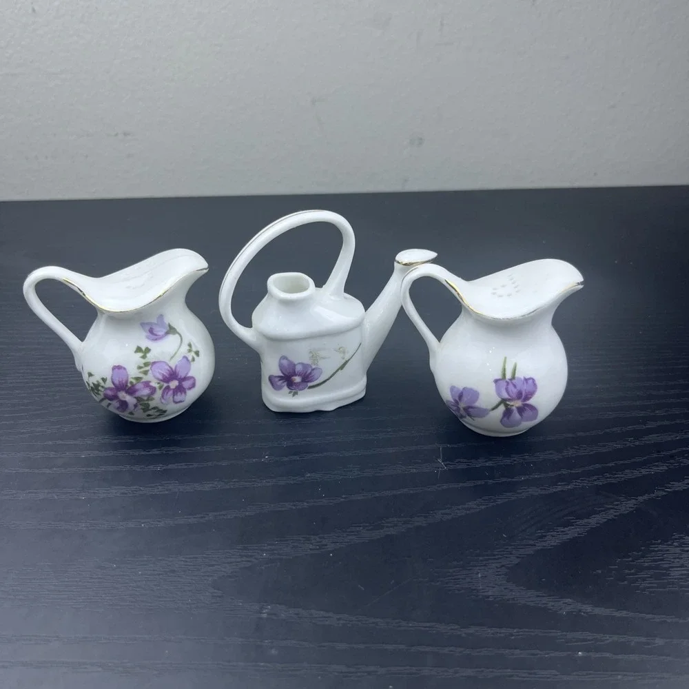 Vintage Bone China Pitcher Violets Salt Pepper Shakers Floral Mini Set